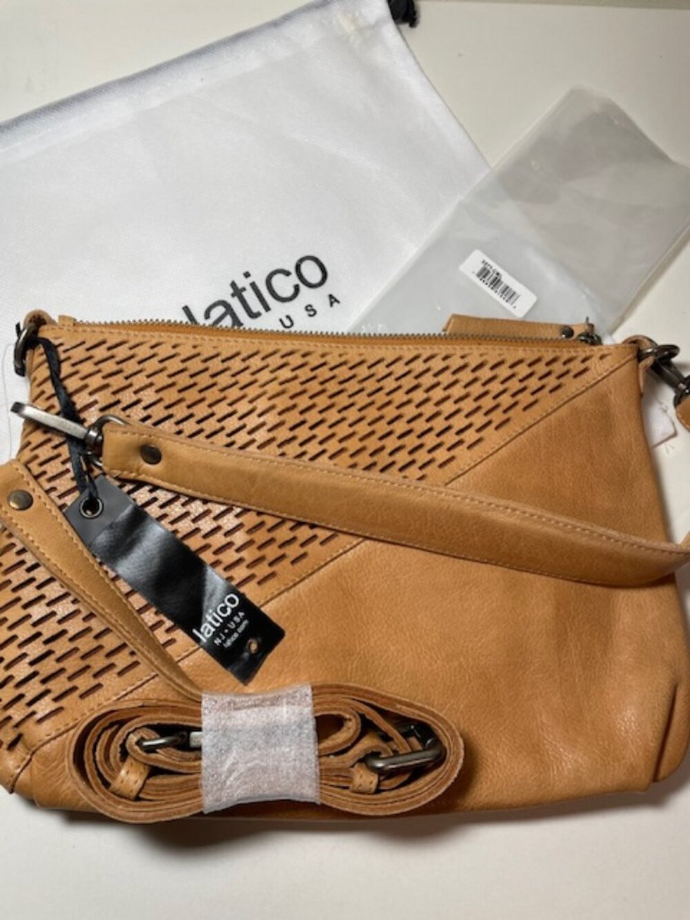 Latico Leathers Stevie Laser Crossbody Bag in Camel NEW